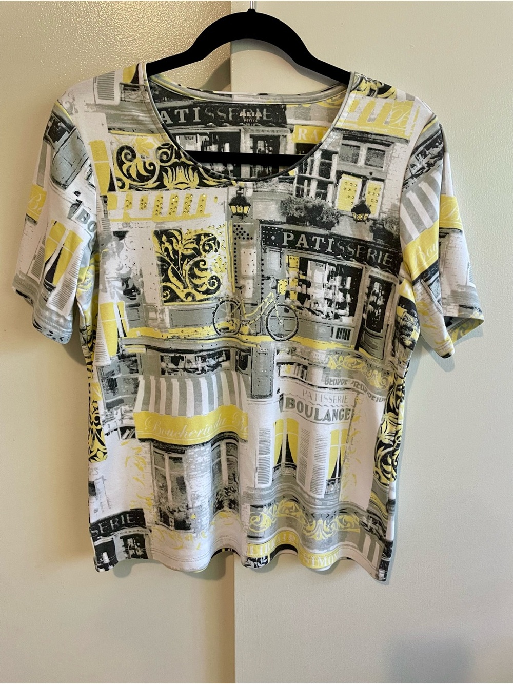 Alia Petite Grandmacore Paris Graphic Tee French Cafe Rhinestone Top Yellow PM
